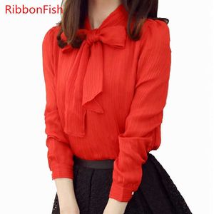 Office Wear Women Lato Szyfonowe Bluzki Koszule Lady Girls Casual O-Neck Bow Tie Długą Rękaw Topy Blusas DF1228 210609