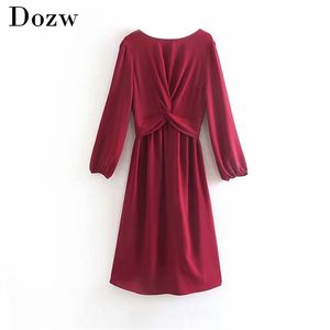 Eleganckie kobiety Solidna sukienka Moda Chi Front Wiązany Midi Casual Damska Długi Rękaw Plisowany A-Line Feminino Vestidos 210515