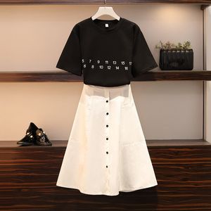 Summer Plus Size Two-piece Suit Women Casual Number Black T Shirts + Single-breasted Pocket A Line White Midi Skirt Set 210515