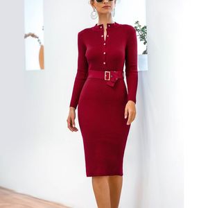 Lässige Kleider Slim Etuikleid Herbst Winter Elegante Bürodame Skinny Long Sleeve Button Bodycon O-Ausschnitt bis Knie Herbst für Frauen 2021