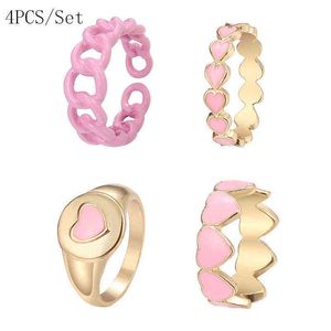 1/4Pcs Vintage Pink Hollow Heart Rings Set For Women Metal Paint Coating Creative INS Style Love Heart Ring Fashion Jewelry Gift G1125