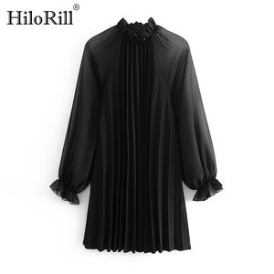 Kobiety czarna plisowana sukienka motyl z długim rękawem mini patrz przez ruffled collar casual żeński vestido 210508