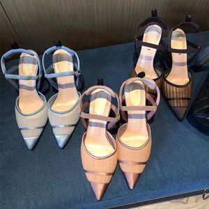 Sandali da donna firmati, alta qualità, puntale, punta a punta, tacco, moda, lusso, bellezza, materiale a rete per feste da 9,5 cm con tacco alieno