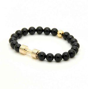 Whole Real Gold Platinum Plated Metal Ny Barbell 8mm En Grad Black Onyx Stone Fitns Fashion Dumbell Bracelets