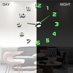 Luminous Wall Clock Duży Zegarek Horloge 3D DIY Lustro Akrylowe Naklejki Quartz Duvar Saat Klock Nowoczesny MUTE 210724