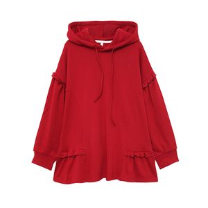 Röda Blå Kvinnor Hoodies Ruffle Solid Casual Warm H0118 210514