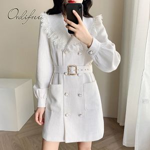 Spring Autumn Women White Party Mini Lace Crochet Double Breasted Belted Elegant Short Office Lady Dress 210415