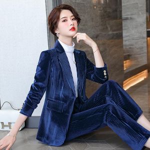 Golden Velvet Womens Suits Blazer with Pants Office Lady Conbinaison Femme Kurtka i 2 -częściowe kobiety Conjunto Feminino Dwóch