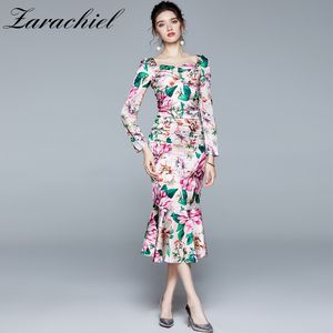 Runway Rose Floral Trumpet Pleated Satin Women's Long Sleeve Square Collar Flower Print Beach Female Bodycon Dress 210416