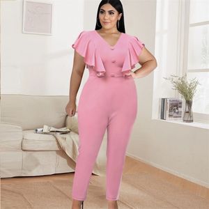 V Hals Bodycon Jumpsuits Plus Storlek 4XL Lovely Pink Short Ruffles Sleeve Birthday Party Occsace Event Overlig Outfit 210527