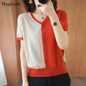 Short Sleeve Knitted Women's T-Shirts Summer Korean White Tees Top Loose V-neck Cotton Thin Casual T Shirt Tops Female 9437 210512