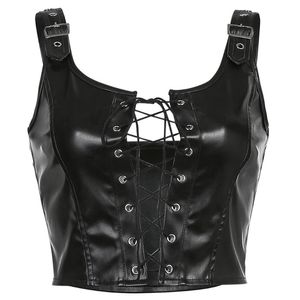 Women Gothic Punk Faux Leather Black Tank Buckle Strap Sleeveless Camisole Harajuku Lace-Up Slim Corset Crop Top