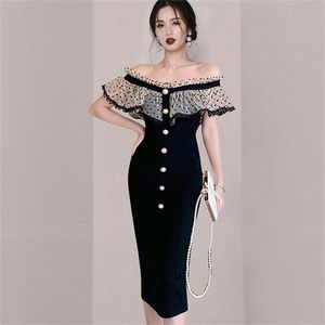 Elegancki Slash Neck Sukienka Kobiety Wave Point Mesh Ruffles Patchwork Pojedynczy Breasted Kobiet Bodycon Ołówek Klub Suknie 210603