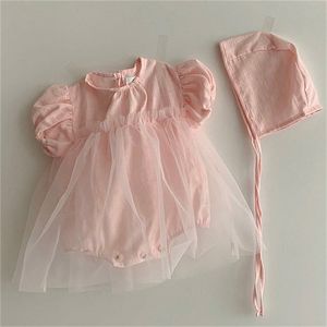 Корейский стиль младенческие девочки мода сетки принцессы платье с крышкой летние девочка комбинезон 0-2Y 210708