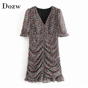 Boho V Neck Sexy Chiffon Mini Dresses Vintage Floral Print Ruffle Pleated Short Sleeve Bodycon Beach Vestido 210515