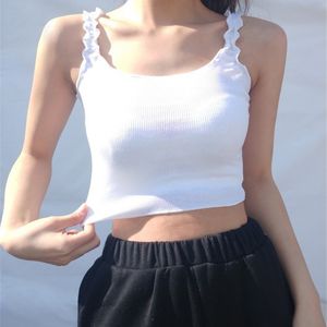 Spring Women Casual Short Knitted Ruffles Tops Female Black Slim Carp Vest Solid White Tank 210421