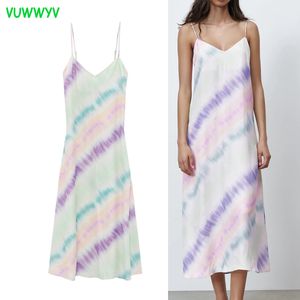 Moda Satin Tie Dye Slip Midi Sukienka Lato Elegancka Backless Party Woman Suknie Regulowane Cienkie paski Vestidos 210430