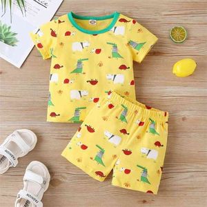 Estate bambini set moda boys manica corta o collo t-shirt pantaloni stampa cartoon animali carini ragazze vestiti 210629