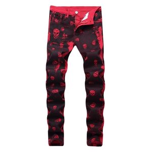 2020 Autumn Men's Fashion Skeleton Skull Printed Night Club Personlighet Jeans Male Slim Fit Red Denim Pants Long Trousers X0621