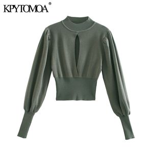 Women Fashion Hollow Out Cropped Knitted Sweater Vintage Long Sleeve Elastic Hem Female Pullovers Chic Tops 210416