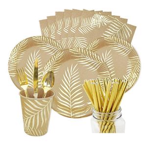 Disposable Dinnerware Bronzing Palm Leaf Summber Party Tableware Set Paper Cups Plates Straws Wedding Birthday Decoration Supplies