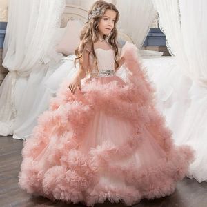 Dziewczyna Dresses Wielopięciowy Tulle Kwiat Dziewczyny Długie Warstwowe Dzieci Sukienka Blush Różowe Ruffles Urodziny Suknie Party Wedding Rolka