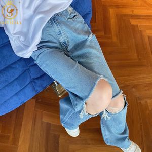 Bahar Delik Düz kadın Kot Baggy Vintage Yüksek Bel Erkek Arkadaşlar Denim Sıkıntılı Streetwear Pantalones Vaqueros Mujer 210520