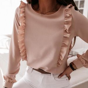 Women's Blouses & Shirts Ruffles Decor Women Shirt Back Buttons Skin-friendly O Neck Long Sleeve Office Solid Color Autumn Blouse