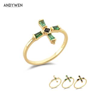 Andywen 925 Sterling Silver Green Cross Luksusowy pierścień Biżuteria Drobne Klejnoty Ślubne Slim Size Crystal Anillo Fino 210608