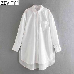 Primavera Donna Simply White Casual Popeline Smock Camicetta Office Ladies Side Split Camicia oversize Chic Long Blusas Top LS7455 210416