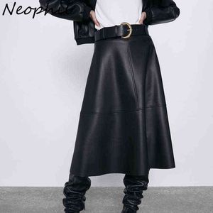 Neophil vintage kvinnor pu faux läder midi kjolar latex jupe longue vinter mode a-line hög midja svart bälte lång kjol s9730 211120
