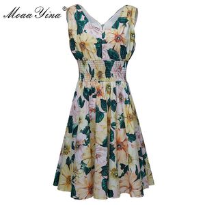 Vestido das Mulheres do Verão V-Pescoço Camélia Floral-impressão Elástica Cintura Elástica Vestidos De Algodão Designer Feminino Vestido 210524