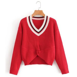 HSA Zimowe Ubrania Kobiety V Neck Solidne Twisted and Swetry Czerwony Krzyż Z Długim Rękawem Krótkie Bluzy Pullover 210417