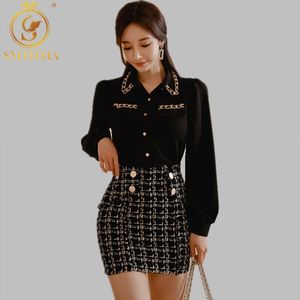 Spring Women Office Sets Chiffon Blouse Shirt Wool Blend Bodycon Tweed Plaid Mini Skirt Women's Twpo Piece Black Suit 210520