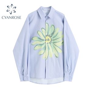 Camicia allentata casual con stampa crisantemo Autunno manica lunga coreana Colletto rovesciato Camicia con bottoni Camicetta Femme Top 210417
