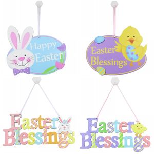 Cartello di benvenuto per il giorno di Pasqua per la porta d'ingresso Festa di primavera Coniglio in legno Pollo Happy Easter Letters Plaque Decoration