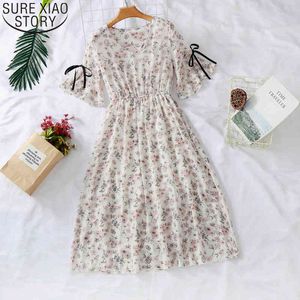 花のプリントのドレス韓国の夏のフリルスリーーのシフォン膝の長さのVネックカジュアルな巾着女性のドレス10235 210417
