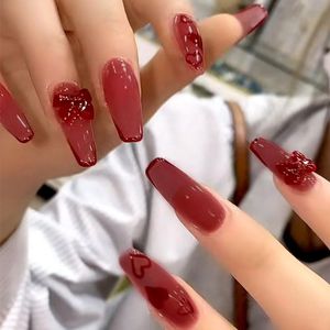 False Nails 24Pcs Long Wine Red Heart Ballerina Coffin Almond Fake Full Cover Nail Tips Detachable Art Accessories