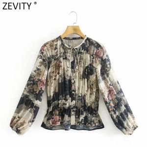 Mulheres vintage tinta pintura flor impressão smock blusa escritório senhora retro pregas elástico slim camisas chic blusas tops ls7528 210416