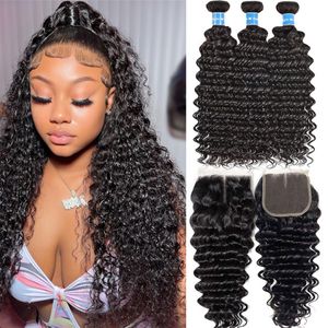 Brazilian Curly Weave 3 Bundles with 4X4 HD Lace Closure Raw Virgin 100% Unprocessed Human Hair Natural Black