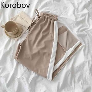 Korobov Nova Chegada Cintura Alta Mulheres Calças Coreano Coreano Cor Retalhos Pensões Legais Pants Vintage Casual Mulheres Juntos 210430