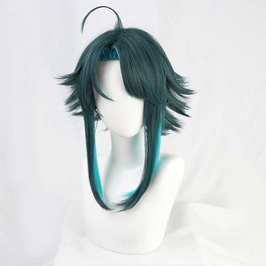 Anime Genshin Impact Xiao Cosplay Perücke gemischt dunkelgrün blau kurze hitzebeständige Haare Erwachsene Halloween Rollenspiel Y0913