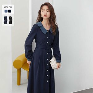 Fansilanen escritório senhora vintage longo vestido preto mulheres manga patchwork elegante azul primavera slim cinto casual 210607