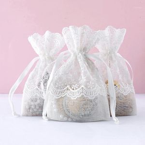 10x14cm Jewelry Gift Bags Mesh White Lace Ribbon Drawstring Bag Pocket Wedding Candy Storage