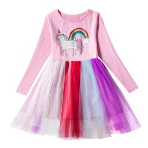 Wiosna Dzieci Dziewczyny Sukienka Z Długim Rękawem Różowy O Neck Siatka Bawełniana Dress Girl Cartoon Horse Drukuj Suknia Balowa Suknia Dzieci Odzież 210713