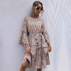 Foridol Flare Sleeve Print Floral Long Dress Women Boho Spring Autumn Sash Casual Dress Elegant Ladies Dress 210415