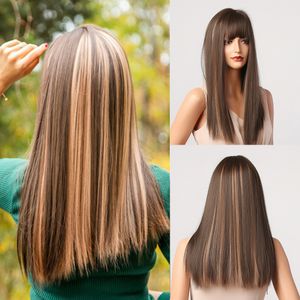 Браун Золотая подсветка синтетических волос парик волос с челкой длинный прямой косплей партии термостойкие парики для черного женского направления прямых