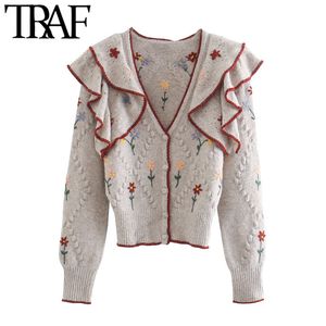 TRAF Kadınlar Moda Çiçek Nakış Ruffled Örme Hırka Kazak Vintage Uzun Kollu Kadın Giyim Şık 210415 Tops
