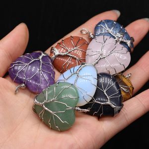 Natursten Tree of Life Wire Wrap Heart Charms Rose Quartz Healing Reiki Crystal Pendant DIY Halsband Örhängen Kvinnor Mode Smycken Hitta 30x38mm