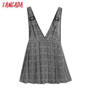 Moda mulheres xadrez padrão sem mangas com cinto senhoras v pescoço plissado mini vestido vestidos be278 210416